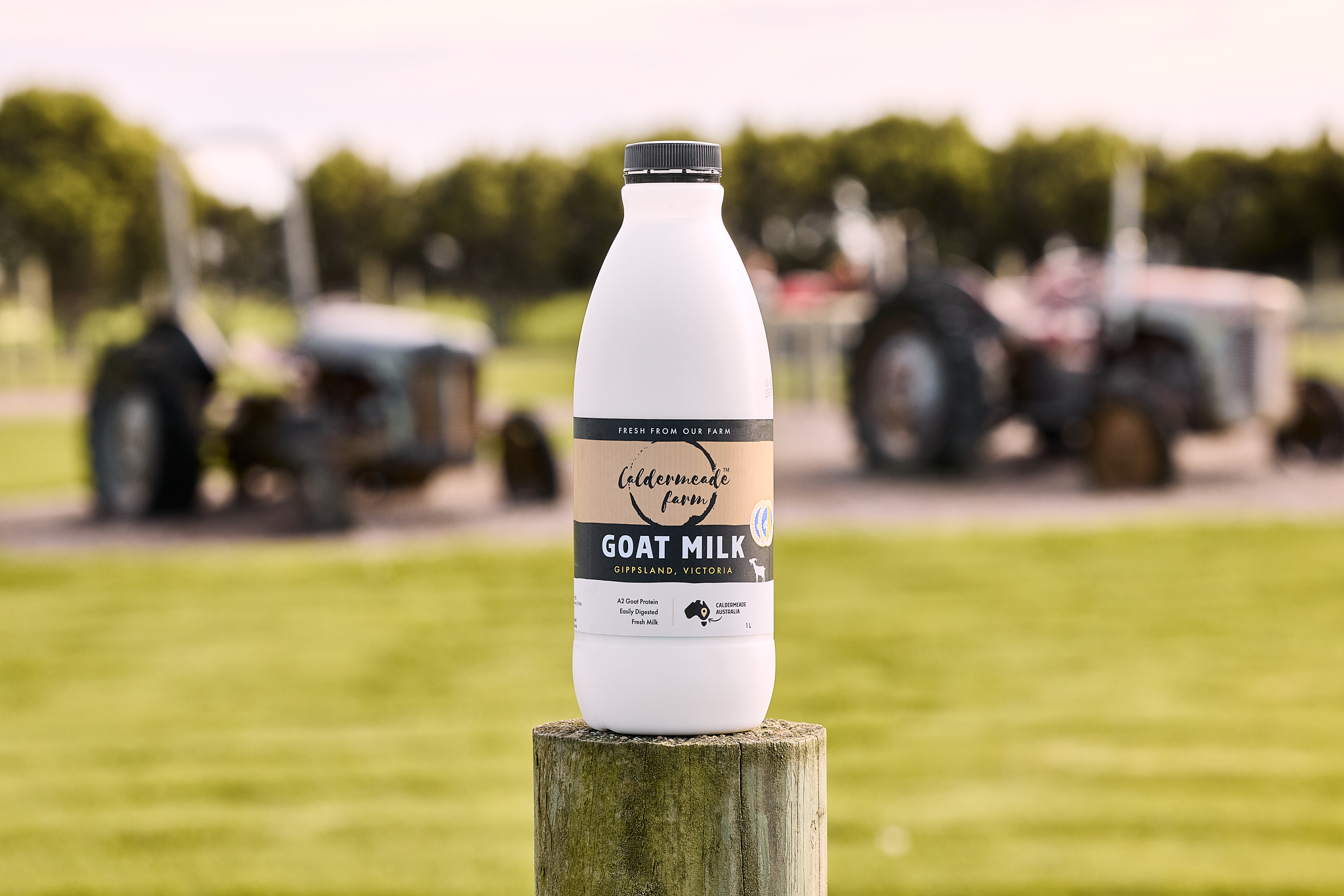 Caldermeade Farm fresh goat milk bottle photographed on the farm in Gippsland